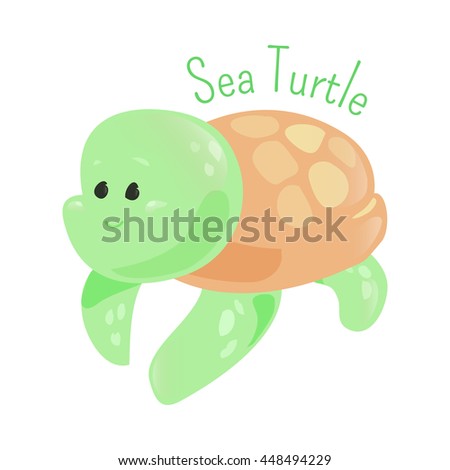 Sea turtle isolated on white background. Superfamily Chelonioidea. Part of series of cartoon sea creature species. Marine animals. Sticker for kids. Child fun pattern icon. Vector illustration