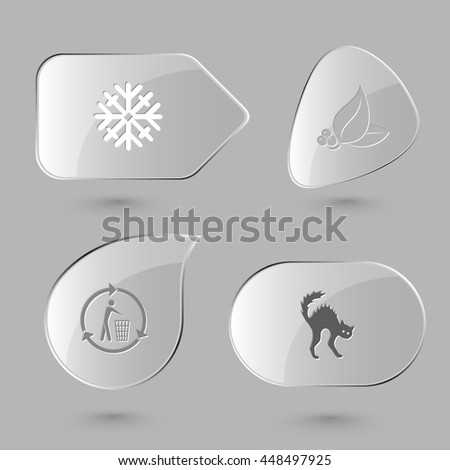 4 images: snowflake, leaf with berries, recycling bin, cat. Nature set. Glass buttons on gray background. Vector icons.