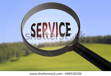 Magnifying glass with the word service on blurred nature background