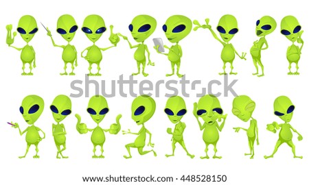 Set of aliens standing with crossed arms, waving hand, pointing finger up, giving thumbs up. Aliens laughing, crying. Aliens running, showing muscles. Vector illustration isolated on white background. Royalty-Free Stock Photo #448528150