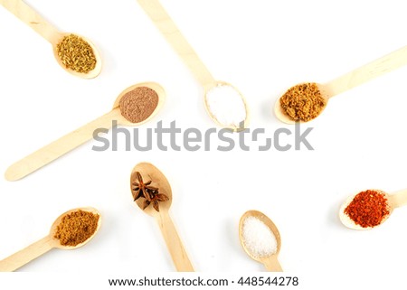 Various Spices and Ingredients on the Wooden Spoon, Flat Lay