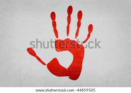 Red stop handprint on the gray grunge wall
