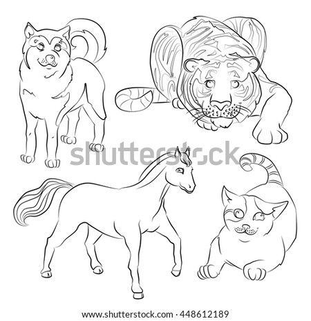 black and white image of a cat, dog, horse and tiger- suitable for a child's coloring, and not only. For your convenience, each significant element is in a separate layer.