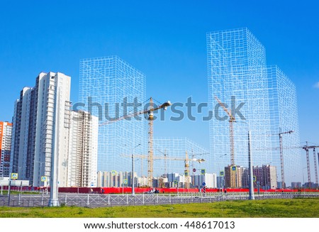 Block of flats under construction, working cranes and wire-frame structures of future buildings, photo collage
