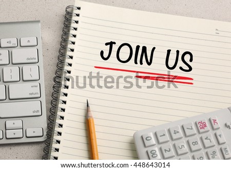 message of join us, with desk background