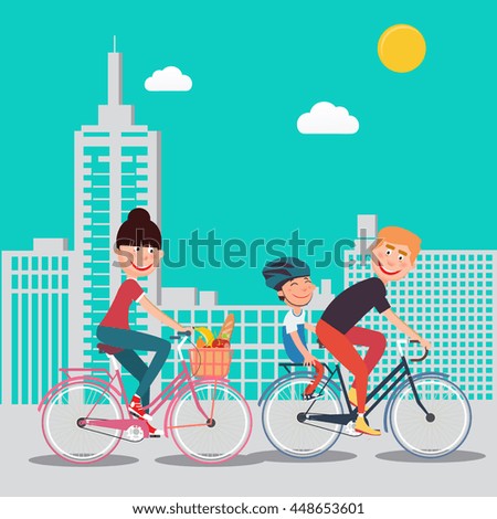 Happy Family Riding Bikes in the City. Woman on Bicycle. Father and Son. Vector illustration