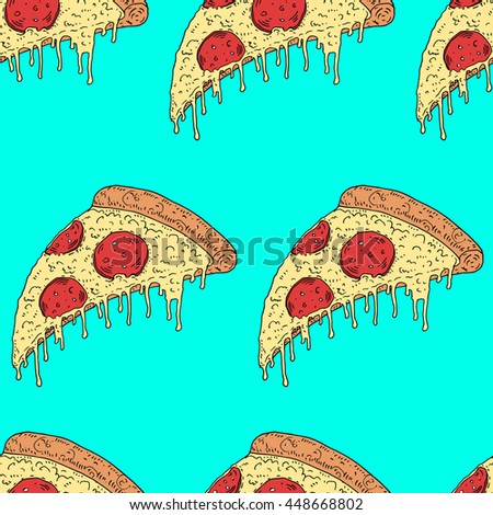Vector hand drawn illustration melting slice of pizza pepperoni