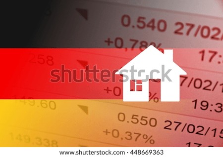 Building icon. Germany flag, with the financial data in the background.