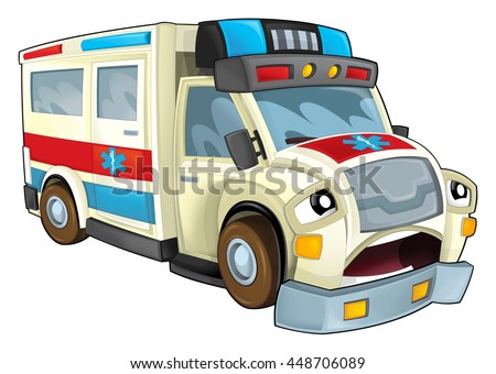 Cartoon ambulance - caricature - isolated - surprised - illustration for the children