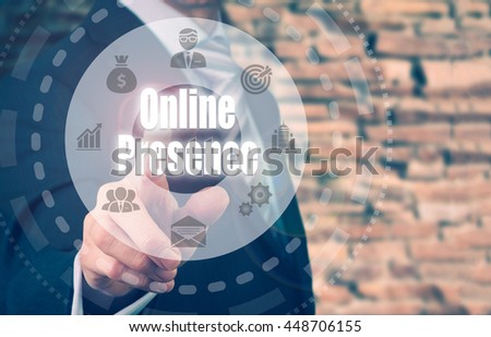 A businessman selecting a Online Presence Concept button on a clear screen.