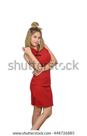 Chinese girl in traditional Chinese cheongsam, isolated on white background
