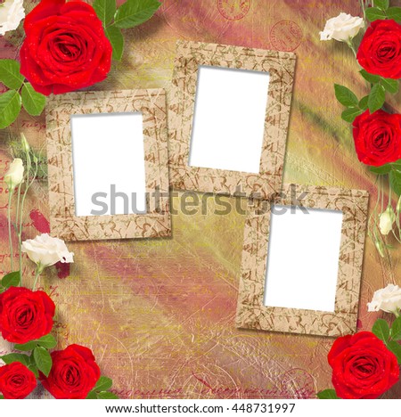 Beautiful greeting card with bouquet of red roses, ribbons and paper frame
