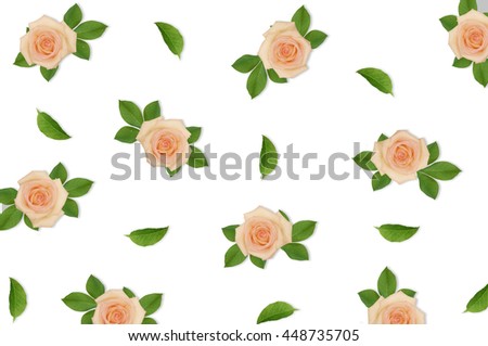 Pattern with pink roses and green leaves at white background. Flat lay, top view