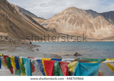 Mountain and Pangong Lake. This photo was shot from Pangong Lake. It is huge lake in Ladakh, altitude 4,350 m (14,270 ft). Leh, Ladakh, India.