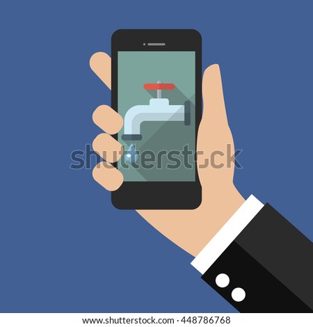 Hand holding smart phone with water tap icon. vector illustration