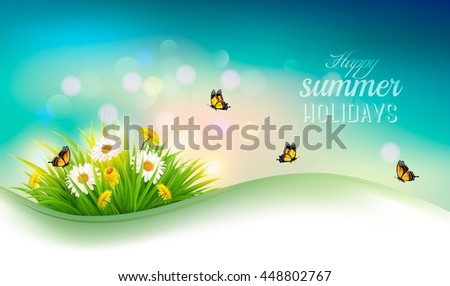 Happy summer holidays background with flowers, grass and butterflies. Vector