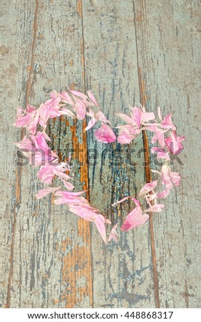 peony petals are laid out in the form of heart on the blue background of old boards, love, tenderness, a declaration of love