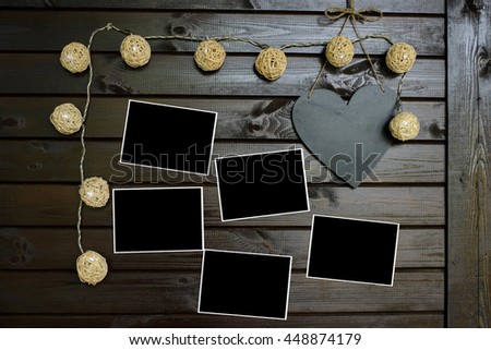 Wedding or valentine's black instant photo and heart on natural wood background
