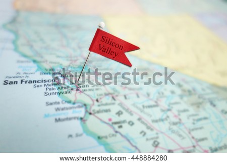 Silicon Valley flag pin in a map of the San Jose and San Francisco area                                Royalty-Free Stock Photo #448884280