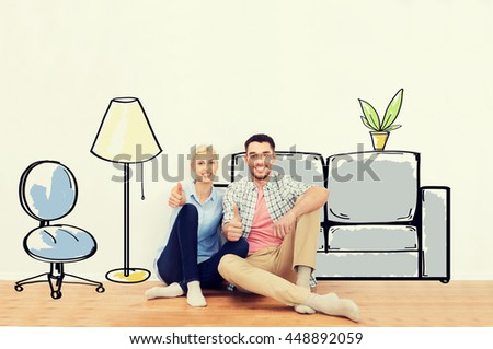 people, repair, moving in, interior and real estate concept - happy couple sitting on floor and showing thumbs up at new home over furniture cartoon or sketch background