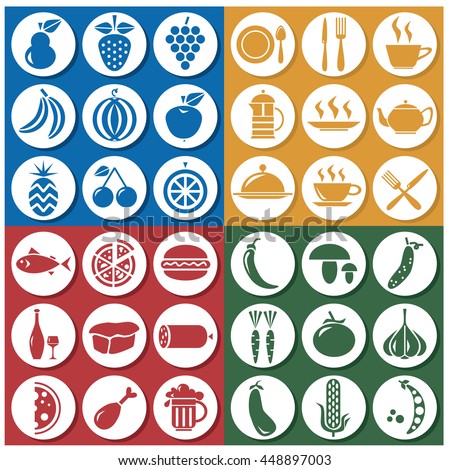 icons in the colored circles on the topic of: glassware, food and drinks
