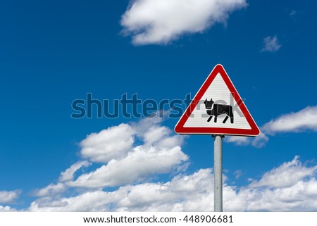 Warning sign an animal on the road against the blue sky 