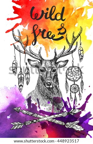 Boho Style hand drawn poster with deer and feathers and arrows. Use for t-shirt prints, posters,  wedding, postcards.