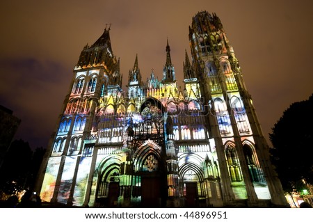 Rouen (Seine-Maritime, Haute-Normandie, France) - Facade of the cathedral, in gothic style, illuminated at night