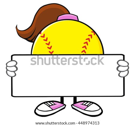 Softball Girl Faceless Cartoon Mascot Character Holding A Blank Sign. Vector Illustration Isolated On White Background