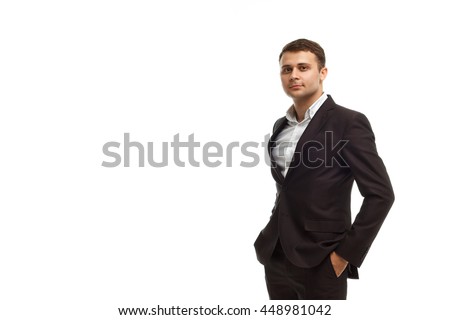 Portrait of handsome businessman wearing black suit isolated on white