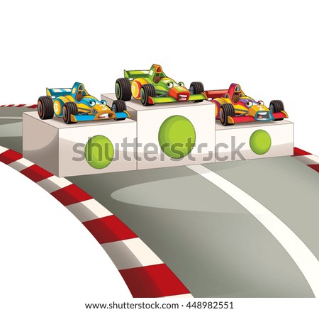 Cartoon scene of three cars that have won some race - illustration for children