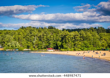 View of Endicott Rock Park Beach along Lake Winnipesaukee in Weirs Beach, Laconia, New Hampshire.