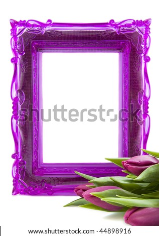 Purple picture frame with purple tulips on a white background