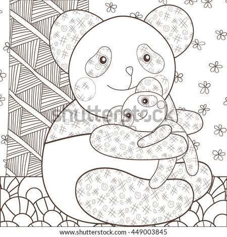 Coloring page cute panda hugging his baby. Whimsical line art vector illustration. brown outline.