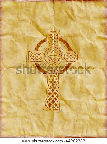 A cross with a celtic influence on a grungy wrinkled piece of parchment