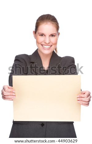 Full isolated studio picture from a young and beautiful business woman with big envelope (copyspace sign)