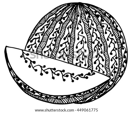 Coloring pages watermelon, large watermelon piece for children and adults. The pages of the book anti-stress, zentangle. Handmade vector. Can be used for relaxing, coloring children. Black and white