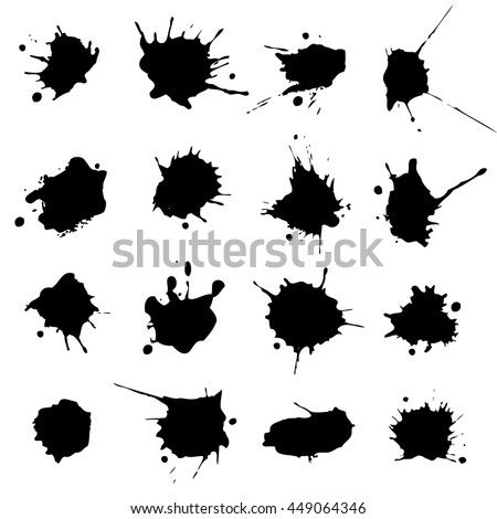 Vector set of black and white ink splash, blots and brush strokes, isolated on the white background. Series of vector splash, blots, brush strokes and elements for design. Royalty-Free Stock Photo #449064346