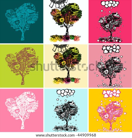Set of stylized trees. Vector illustration in psychedelic style.