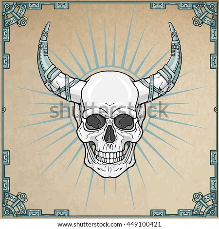 Fantastic horned human skull in iron armor. Esoteric image of the demon, shaman, mythical character. Boho design. Background -  imitation of old paper, a frame from iron elements. Vector illustration.