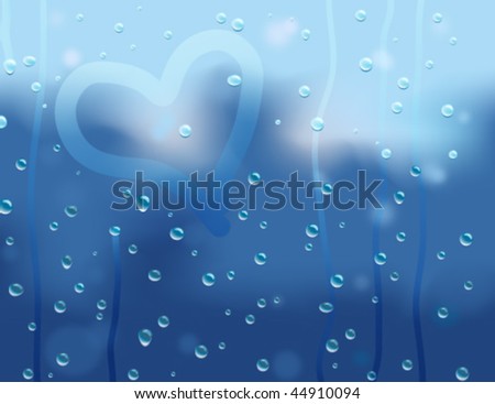Heart Drawn on a Window Full of Rain Droplets, Abstract Vector Background