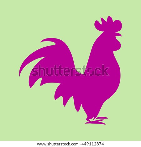 Rooster vector silhouette isolated pink on light grass green
