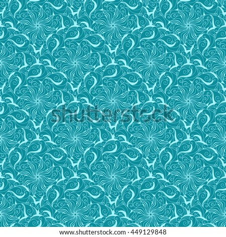Seamless creative hand-drawn pattern of stylized flowers in light turquoise and blue-green colors. Vector illustration.