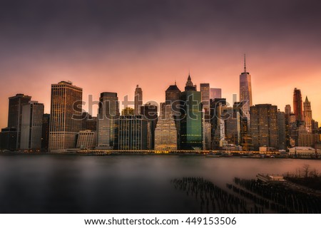 Amazing view of downtown Manhattan and skyline taken during beautiful and colorful sunset from Brooklyn area, New York city, New York, USA. Royalty-Free Stock Photo #449153506