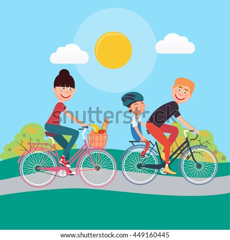 Happy Family Riding Bikes. Woman on Bicycle. Father and Son. Vector illustration