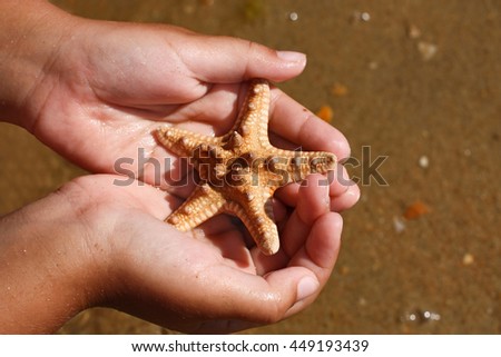 Starfish On Child Hands On Sand Background Close Up.
