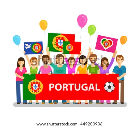 Soccer, championship, sport icon. Fans of Portugal on the podium with posters. Vector illustration