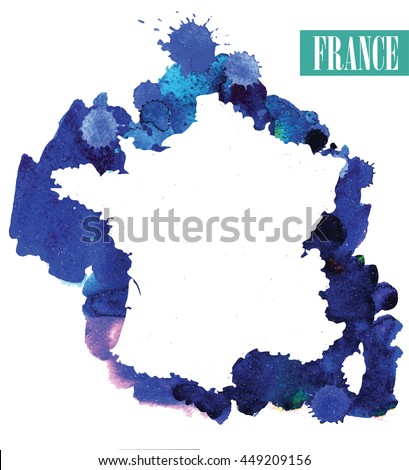 France. The contour of the country. Vector image of the hand on the background of watercolor stains . Conceptual drawing in grunge style .