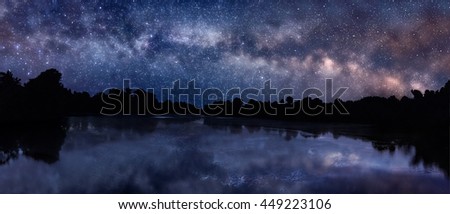 Panoramic picture of starry night sky over the lake