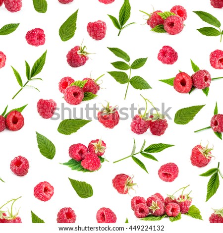 Fresh raspberry and leaves isolated on white background. Seamless pattern. 